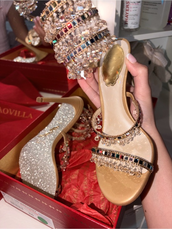 Rene Caovilla Shoes - Rene Caovilla Gold and Multi-Color Crystal Embellished Strappy Heels